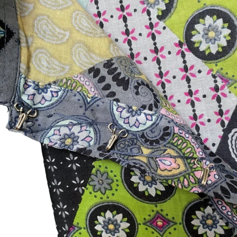 Patchwork Print Long Shirt O/S Green Kaftan Boho Artsy Cottagecore Prairie - Picture 9 of 9
